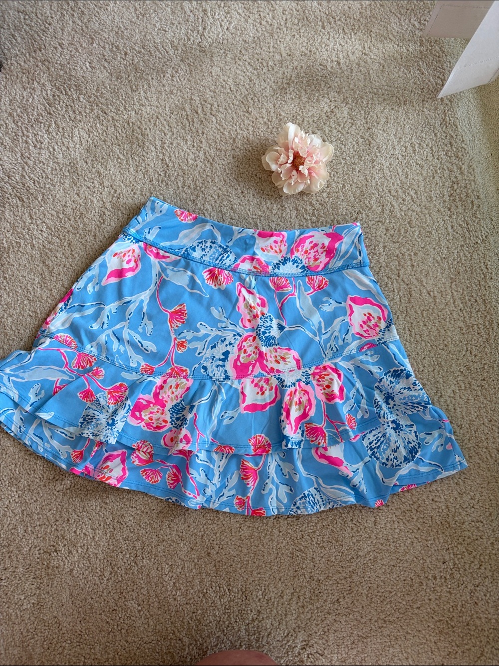 Lilly Pulitzer Sky Blue Floral Ruffled Skort with Pink Accents